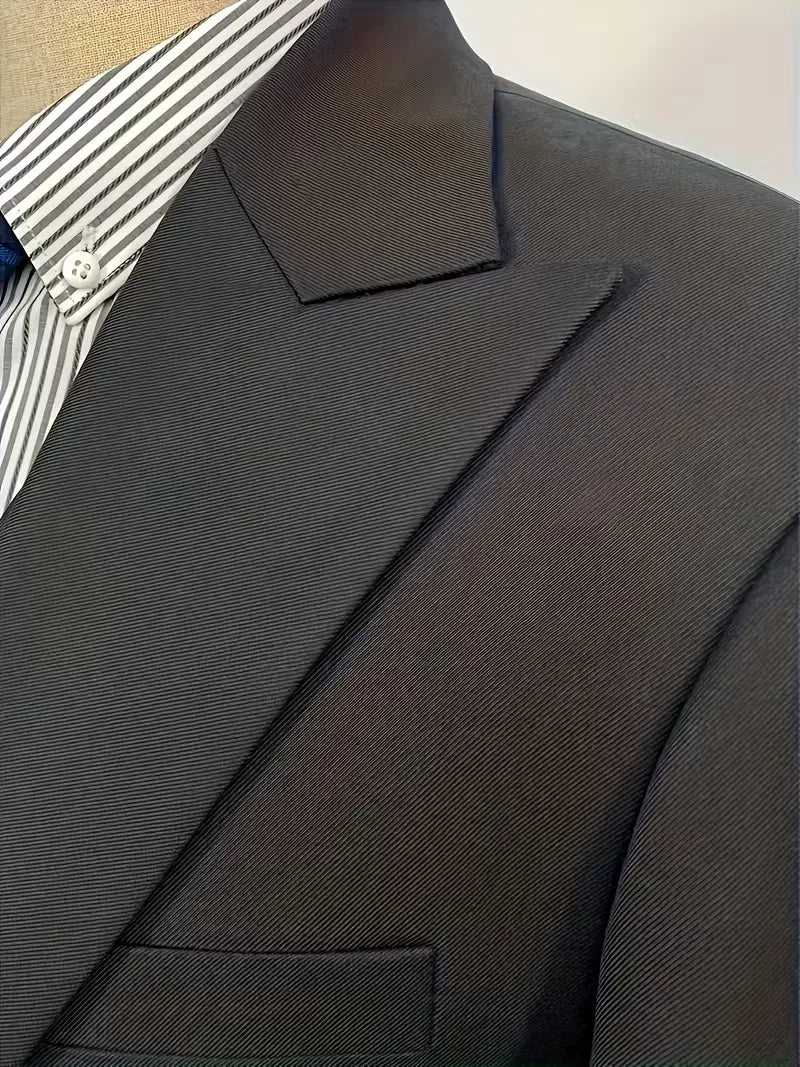 Modern men's slim fit formal suit set, includes a unique double-breasted waistcoat.
