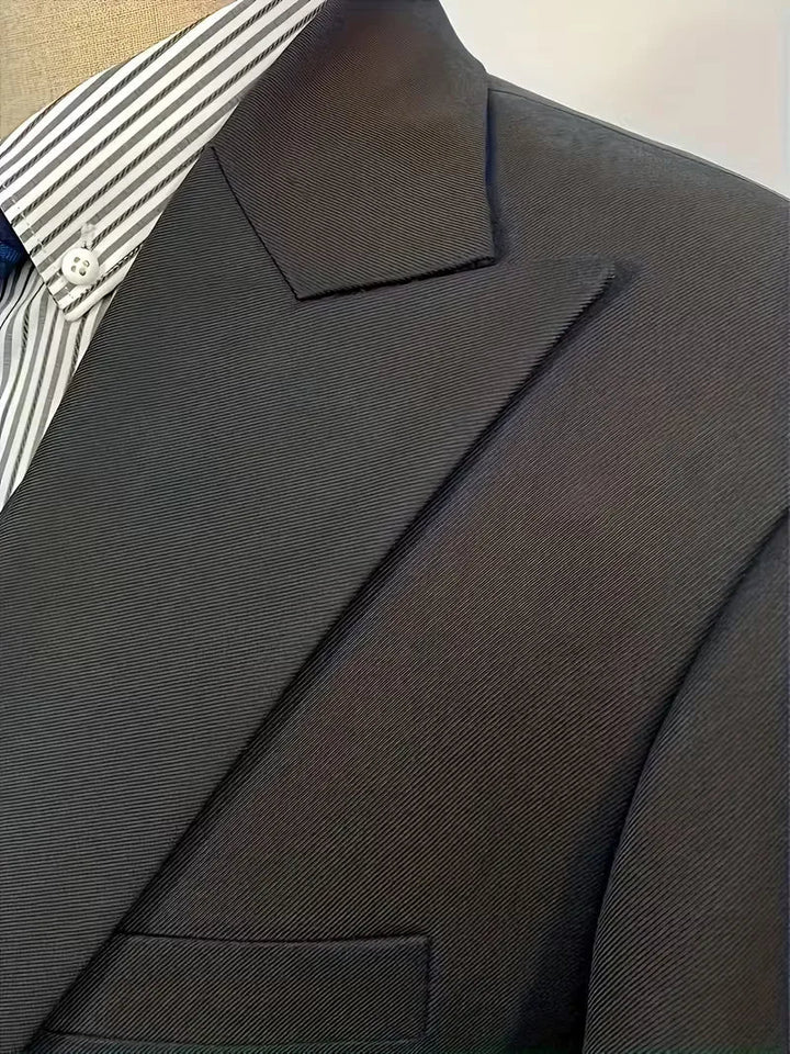 Modern men's slim fit formal suit set, includes a unique double-breasted waistcoat.