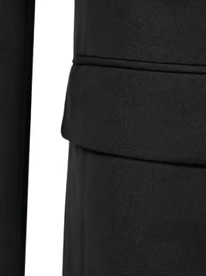 Formal men's slim fit suit, a complete three-piece set with double-breasted waistcoat.