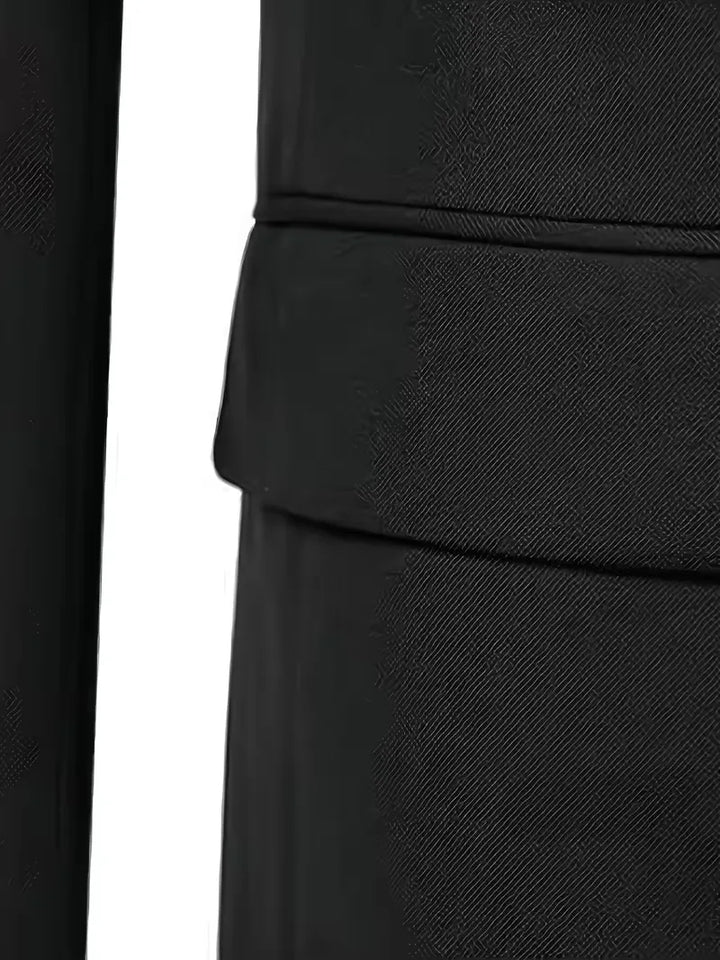 Formal men's slim fit suit, a complete three-piece set with double-breasted waistcoat.
