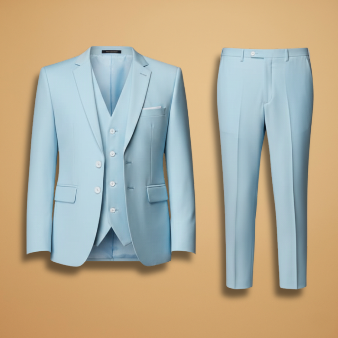 Men's slim fit 3-piece suit with jacket, vest, and trousers. Perfect for formal events.