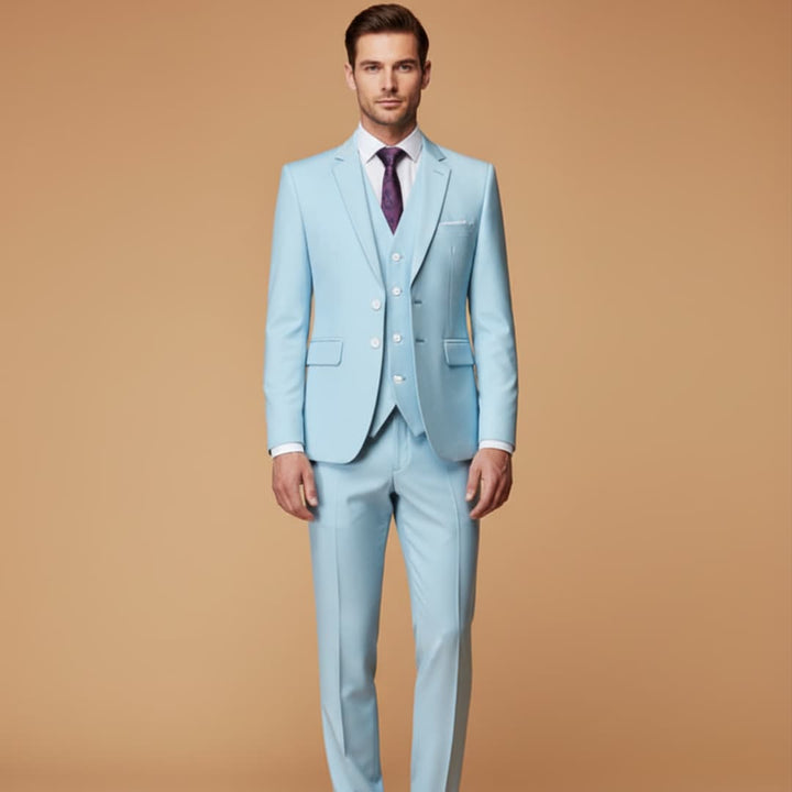 Elegant men's slim fit 3-piece wedding suit. Ideal for groom or guest.