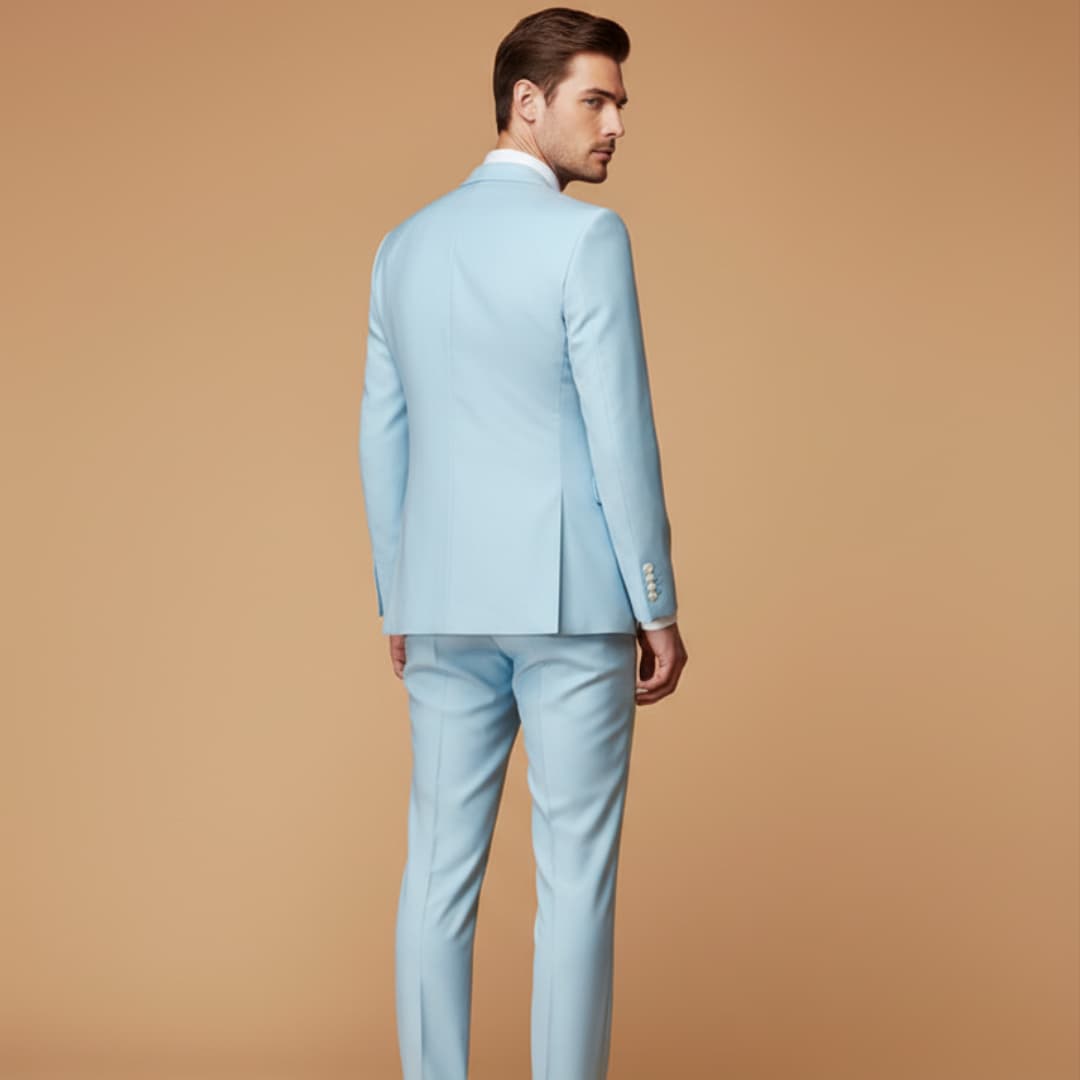 Men's modern slim fit suit set: tailored jacket, vest, and trousers.