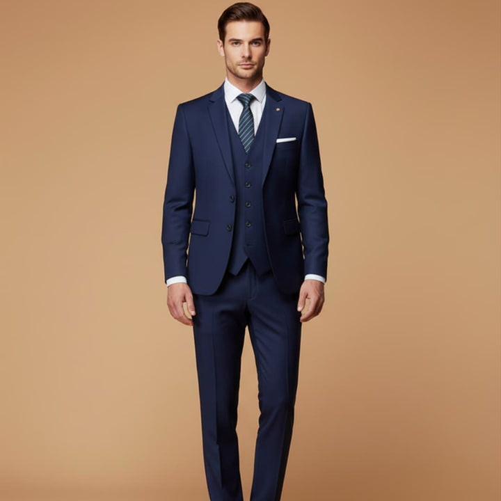 Stylish men's slim fit 3-piece suit, elegant formal wear for modern gentlemen.