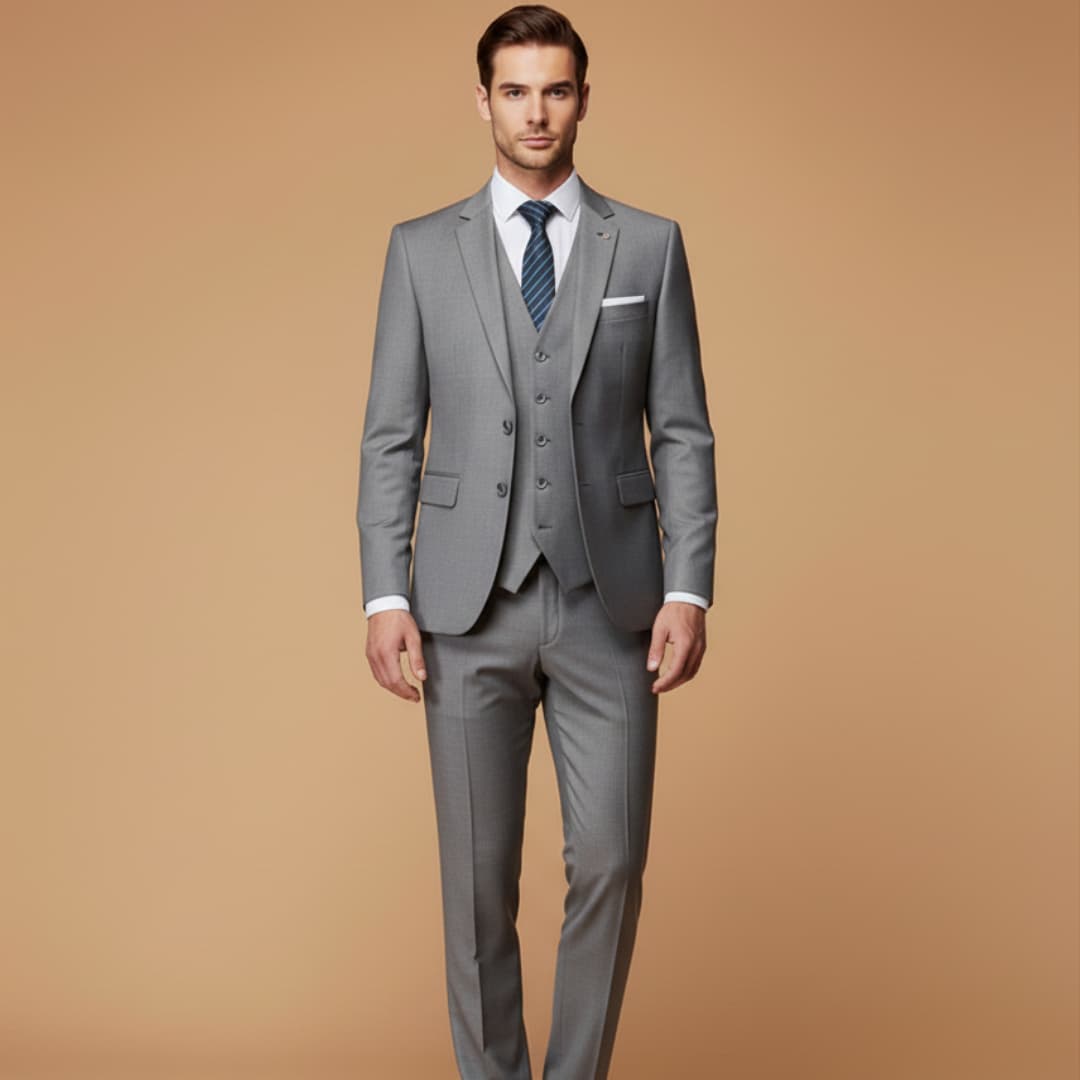 Complete men's formal slim fit 3-piece suit set: jacket, vest, and matching trousers.