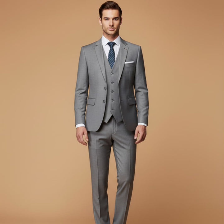 Complete men's formal slim fit 3-piece suit set: jacket, vest, and matching trousers.