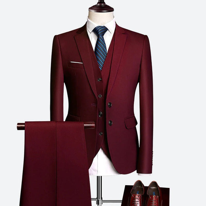 Men's 3-piece suit with waistcoat for spring fashion. Slim fit formal business attire.
