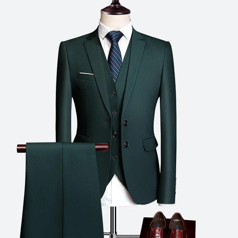 Complete men's 3-piece suit set with jacket, trousers, & waistcoat for spring events.
