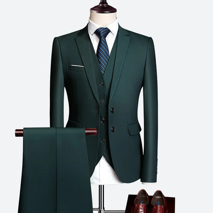 Complete men's 3-piece suit set with jacket, trousers, & waistcoat for spring events.