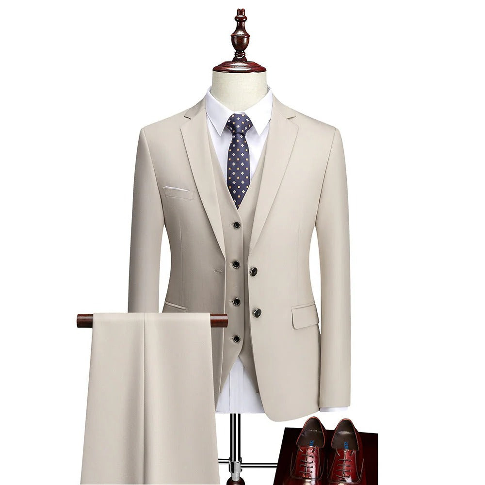 Classic men's formal 3-piece suit with a stylish waistcoat, perfect for spring events.