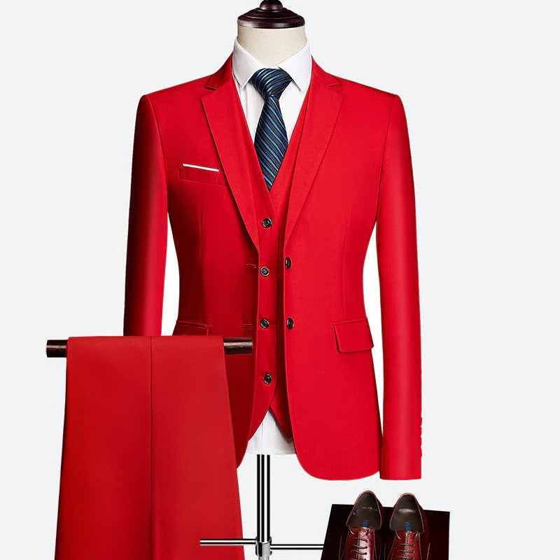 Sophisticated men's tailored 3-piece suit with waistcoat, ideal for spring formal wear.