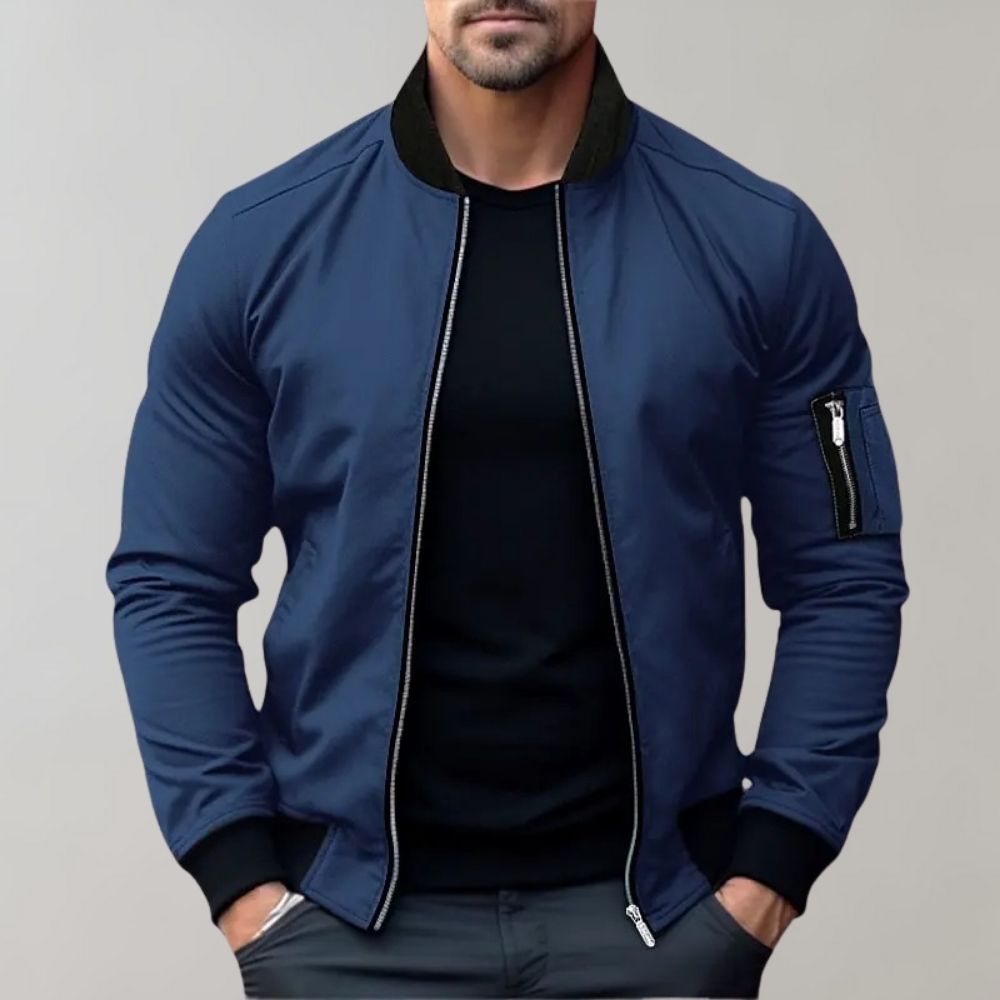 Men's slim fit black bomber jacket with full zip and chest pockets, ideal for casual outerwear.