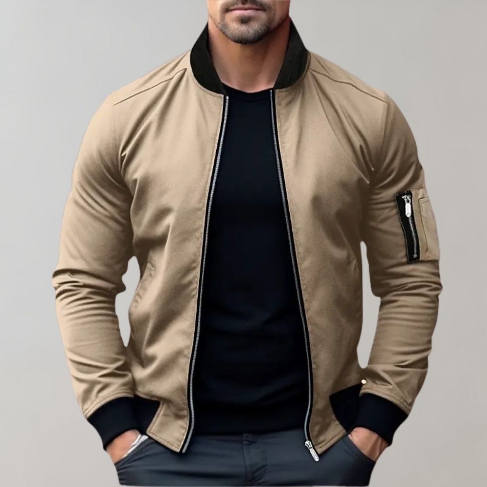 Fashionable men's zip-up bomber jacket in a slim fit, featuring side pockets for autumn style.