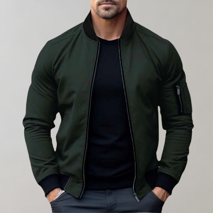 Stylish slim fit men's jacket, a classic zip-up bomber with functional pockets in a versatile color.