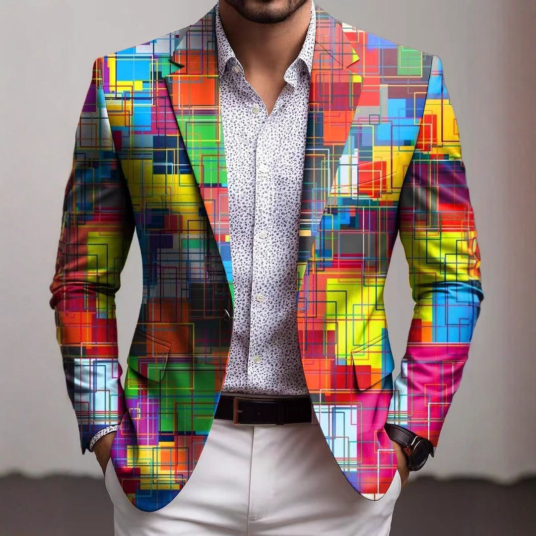 Men's slim fit blazer with unique geometric print. Modern stylish jacket for formal or casual wear.