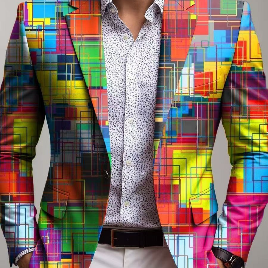 Unique geometric print men's blazer. Slim fit modern jacket, ideal for a contemporary and fashionable look.