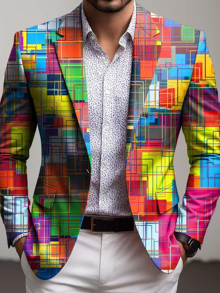Men's modern slim fit blazer featuring a bold geometric print. Versatile jacket for smart casual or formal events.