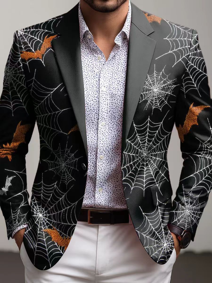 Close-up of men's slim fit geometric print blazer. Modern, stylish jacket with unique pattern, ideal for menswear fashion.