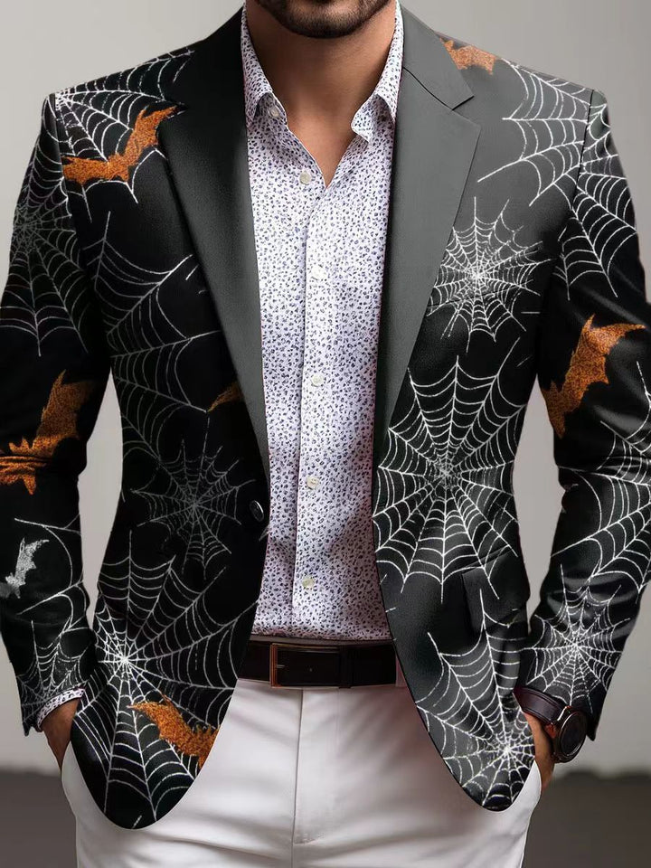 Close-up of men's slim fit geometric print blazer. Modern, stylish jacket with unique pattern, ideal for menswear fashion.