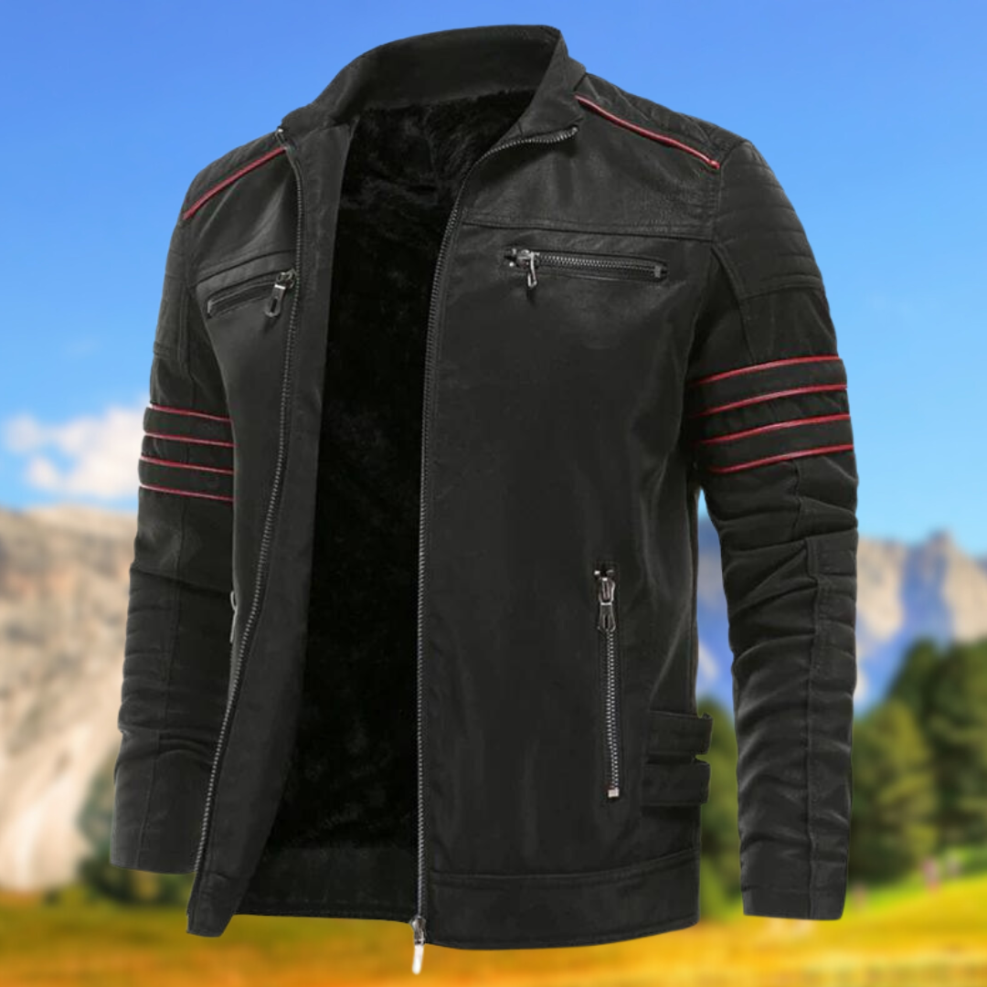 Stylish men's slim-fit casual jacket, modern design, accent stripes & practical zip pockets.