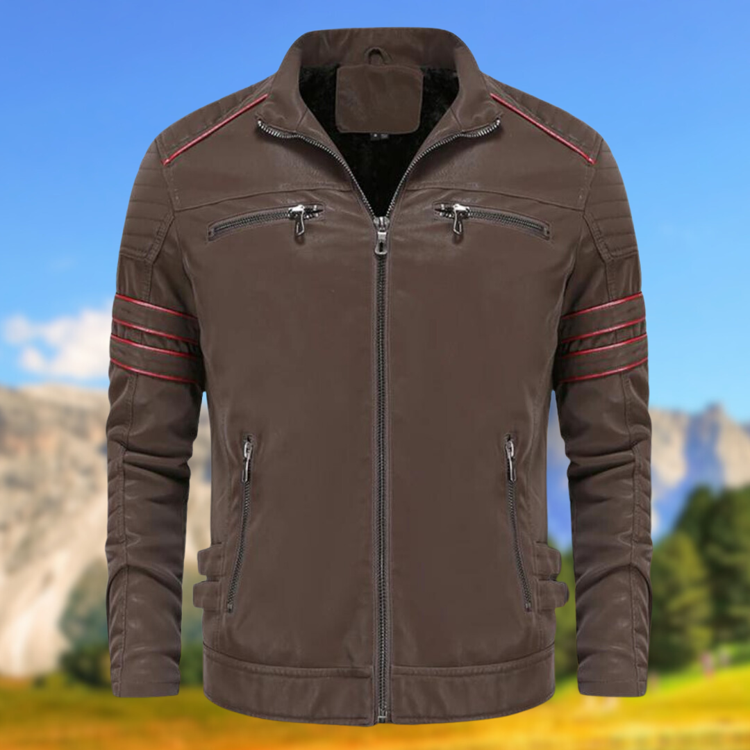 Modern slim-fit men's casual jacket, featuring stylish accent stripes. Ideal men's fashion outerwear.