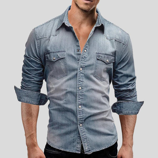 Men's slim fit casual light blue long sleeve button-up shirt for versatile everyday wear & modern men's fashion.