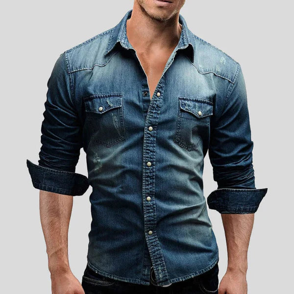Dark blue men's slim fit button-up long sleeve casual shirt, ideal as an overshirt or for everyday versatile style.