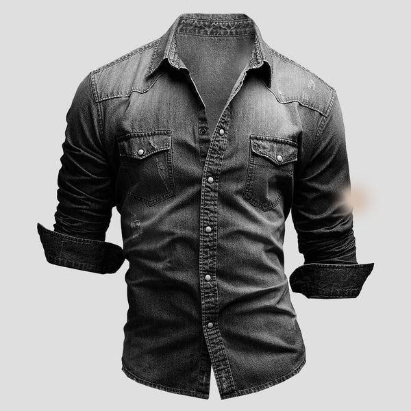 Black men's slim fit long sleeve button-up casual shirt. Stylish men's fashion for everyday wear, a versatile overshirt.
