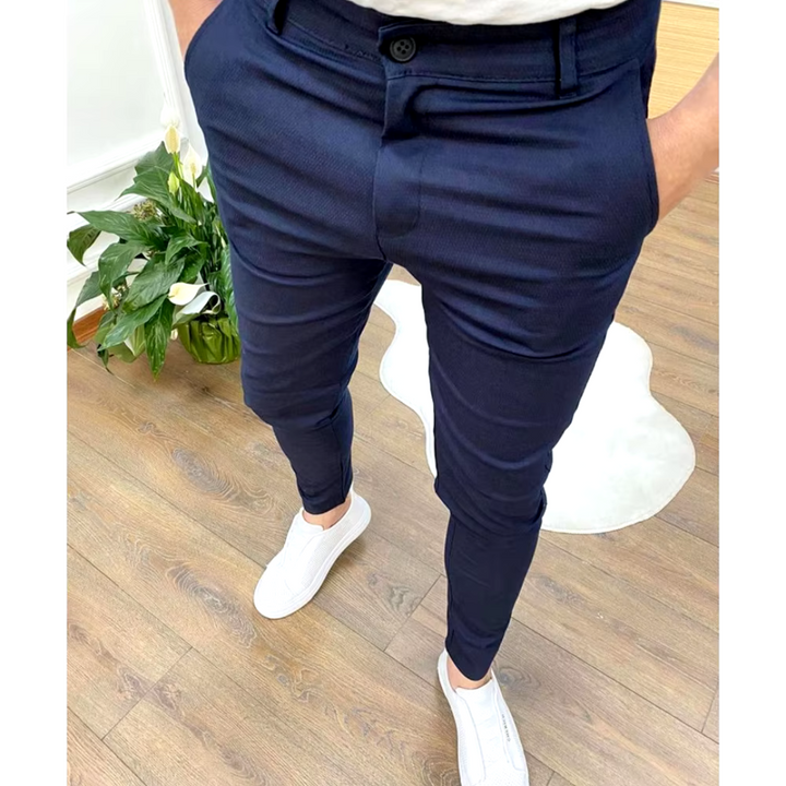 Slim-fit men's chino trousers made with comfortable stretch fabric, a modern mens fashion essential.