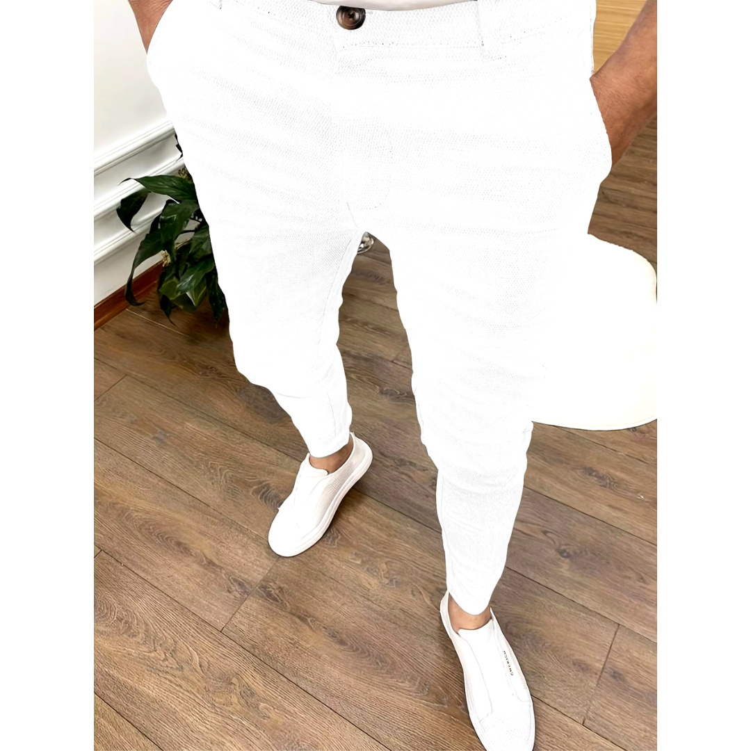 Highly versatile men's stretch chino trousers, offering comfort for any occasion.