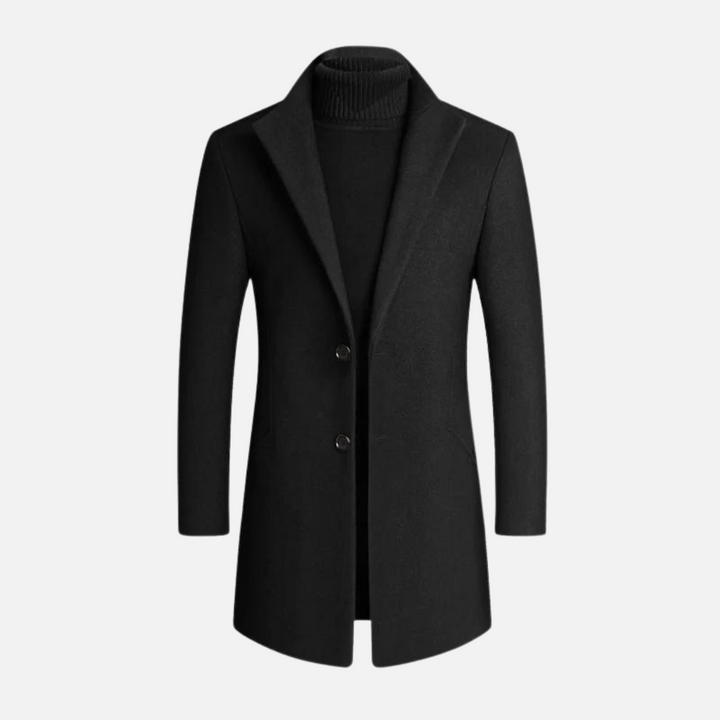 Men's slim-fit dress coat with notched lapel & button front. Elegant tailored formal outerwear for sharp style.