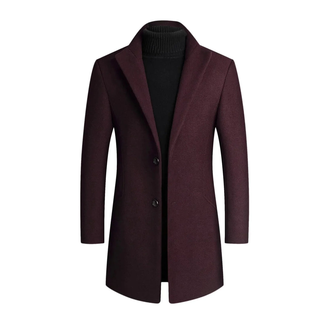 Front view of a classic men's slim-fit dress coat. Formal winter outerwear with button front & sharp style.