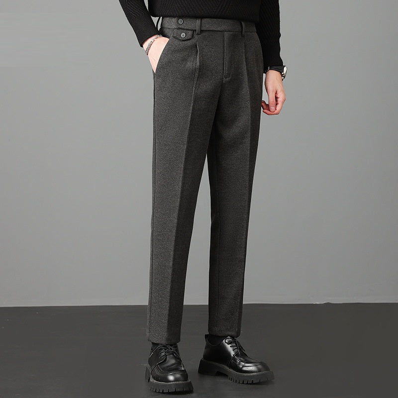 Elegant men's straight leg slim fit dress pants, providing a sharp silhouette for business meetings or formal gatherings.