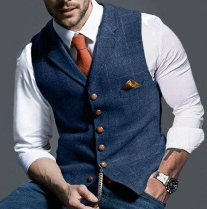 Men's slim fit dress vest with classic notch lapel and matching pocket square, ideal for formal wear.