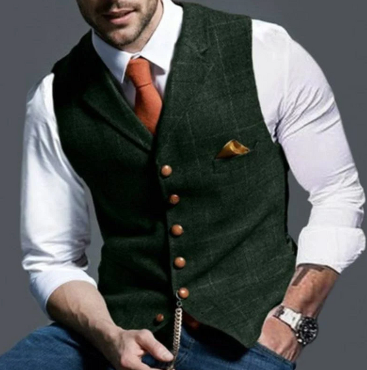 Elegant men's formal vest, a modern slim fit tailored waistcoat with a sharp notch lapel design.