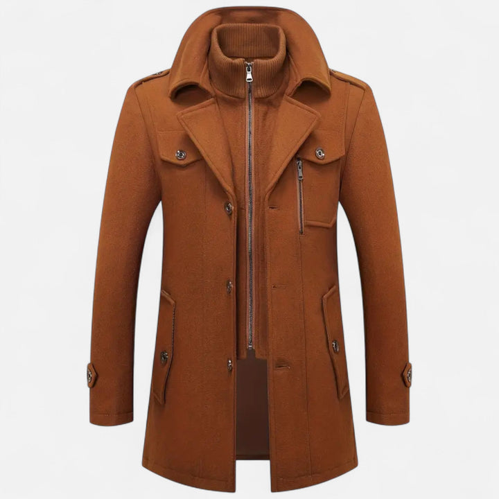 Men's slim-fit elegant formal coat. Structured outerwear, ideal for business wear & sophisticated occasions. Timeless style.