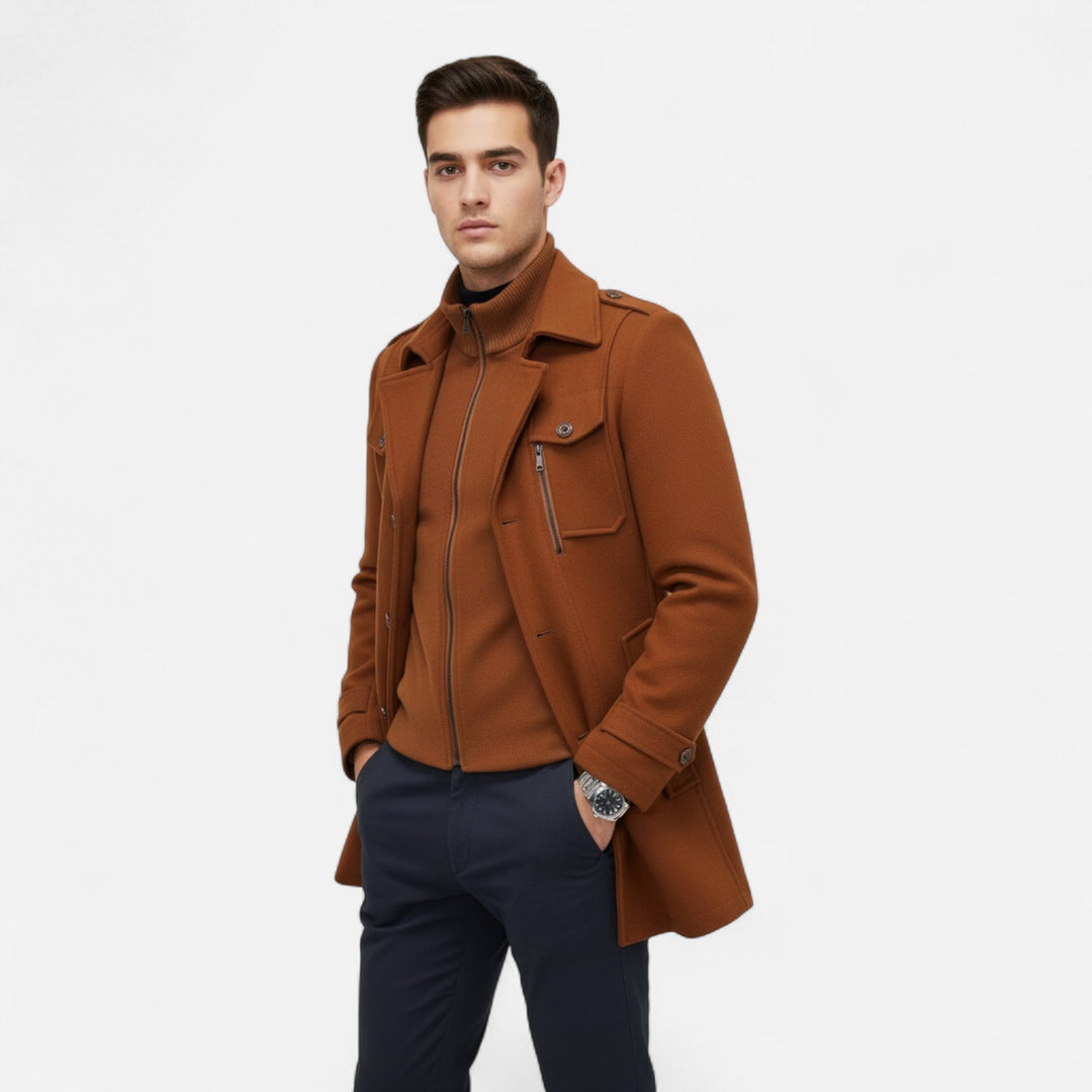 Sophisticated men's slim-fit autumn/winter coat. Elegant formal outerwear for business & smart casual events. Timeless.