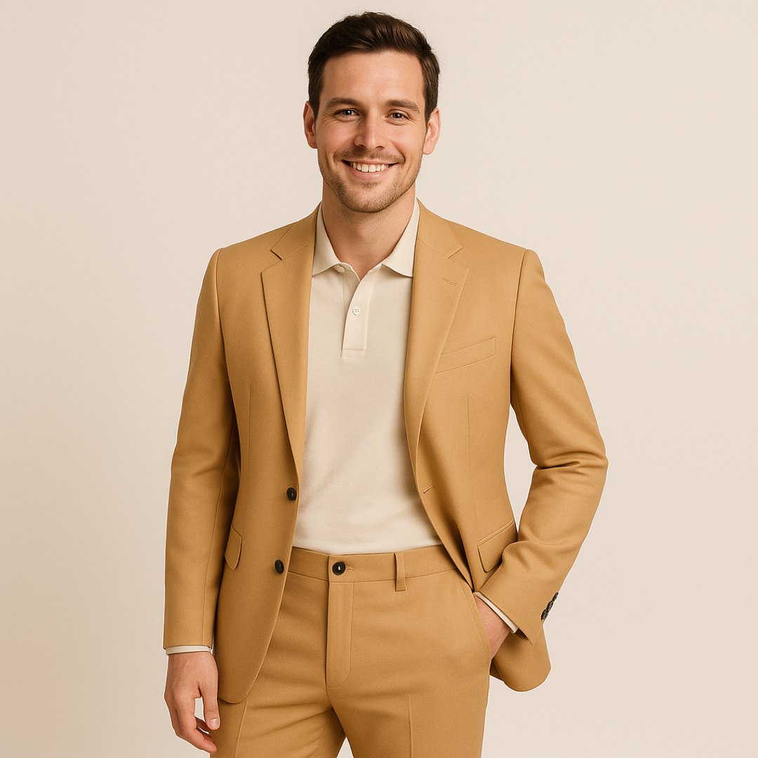 Men's slim fit formal suit set with blazer & pants for a sleek, modern look.