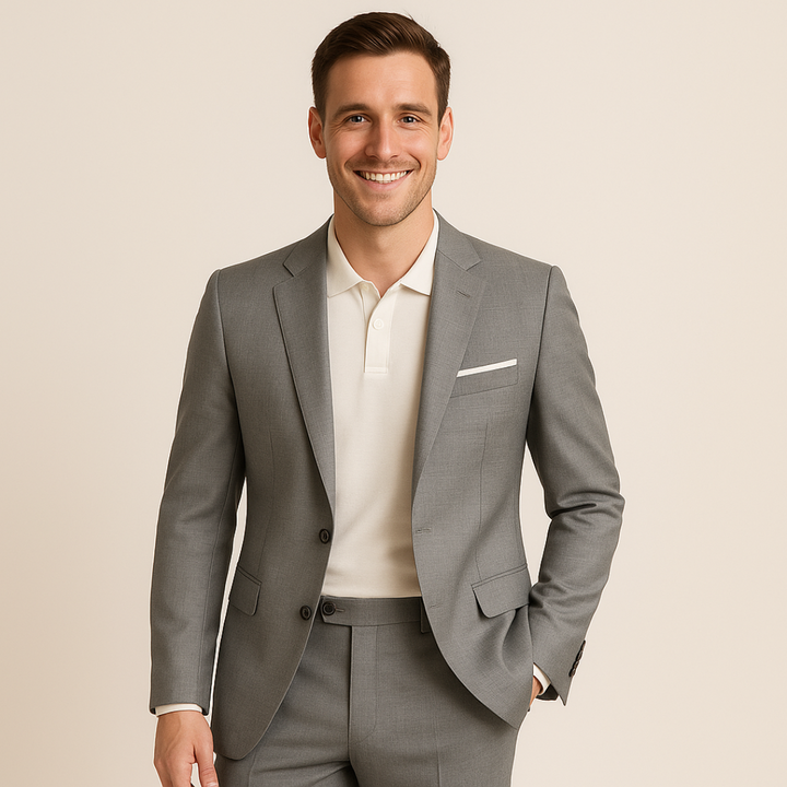 Smart men's slim fit suit set, featuring a stylish blazer & pants for formal or semi-formal attire.