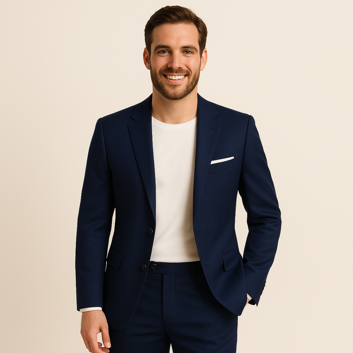 Men's slim fit two-piece suit: a well-tailored blazer and matching pants for formal occasions.