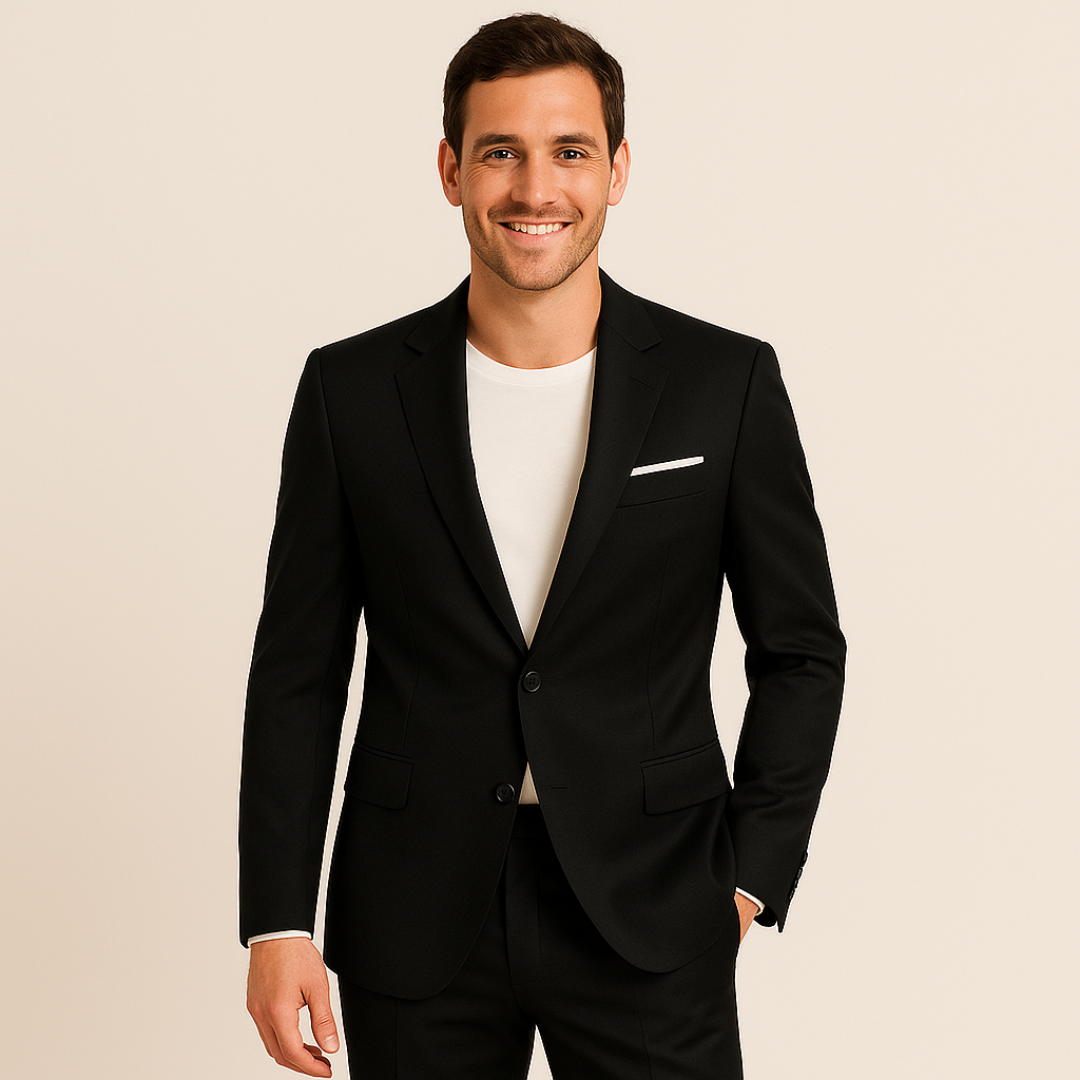 Stylish navy men's slim fit two-piece suit, perfect formal blazer & pants for modern men.