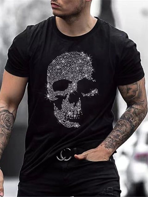 Men's black slim fit t-shirt with a glittering rhinestone crown graphic. Casual fashion essential.