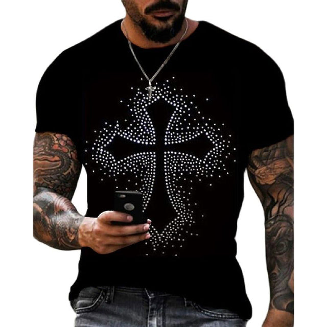 Elevated men's short sleeve tee, black slim fit, boasting a regal rhinestone crown. Streetwear fashion statement.
