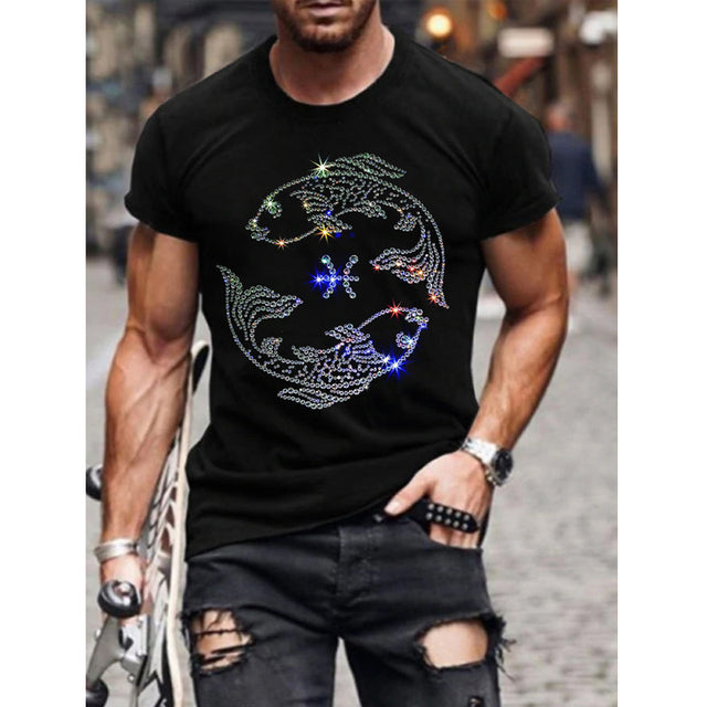 Bold men's fashion t-shirt, black slim fit with sparkling rhinestone crown graphic. Casual streetwear.