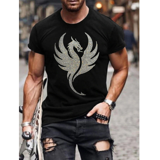 Close-up of men's short sleeve t-shirt featuring an ornate rhinestone crown graphic. Slim fit, modern style.