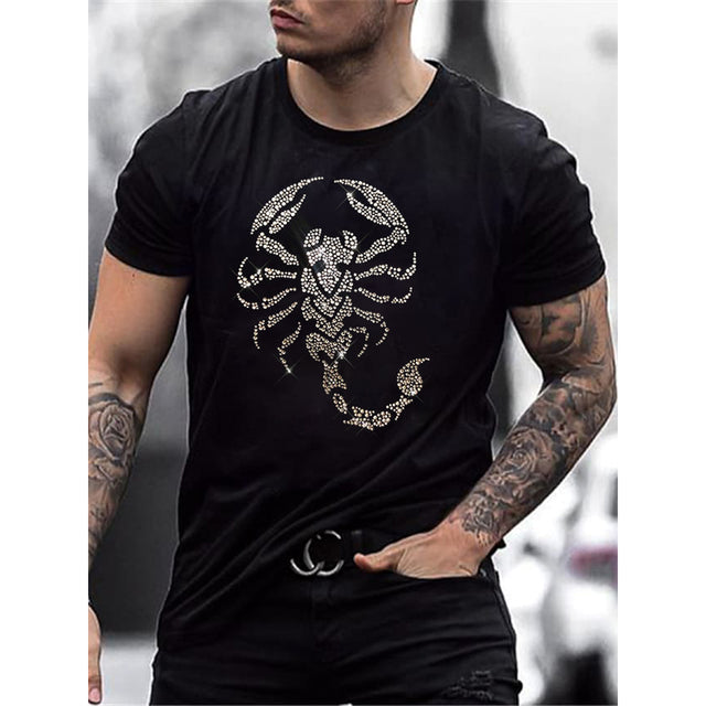 Designer men's graphic tee, slim fit with a luxurious rhinestone crown motif. Fashionable streetwear.