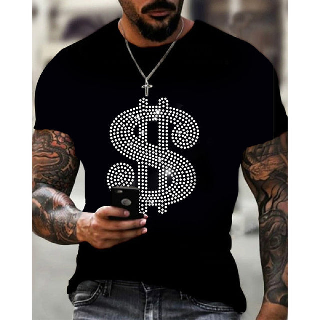 Black men's short sleeve graphic t-shirt, slim fit, adorned with a sparkling rhinestone crown. Bold fashion.