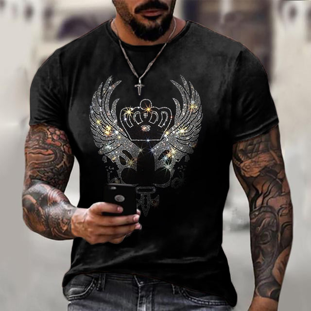Premium men's slim fit tee, black, showcasing an intricate rhinestone crown emblem. Casual and stylish.