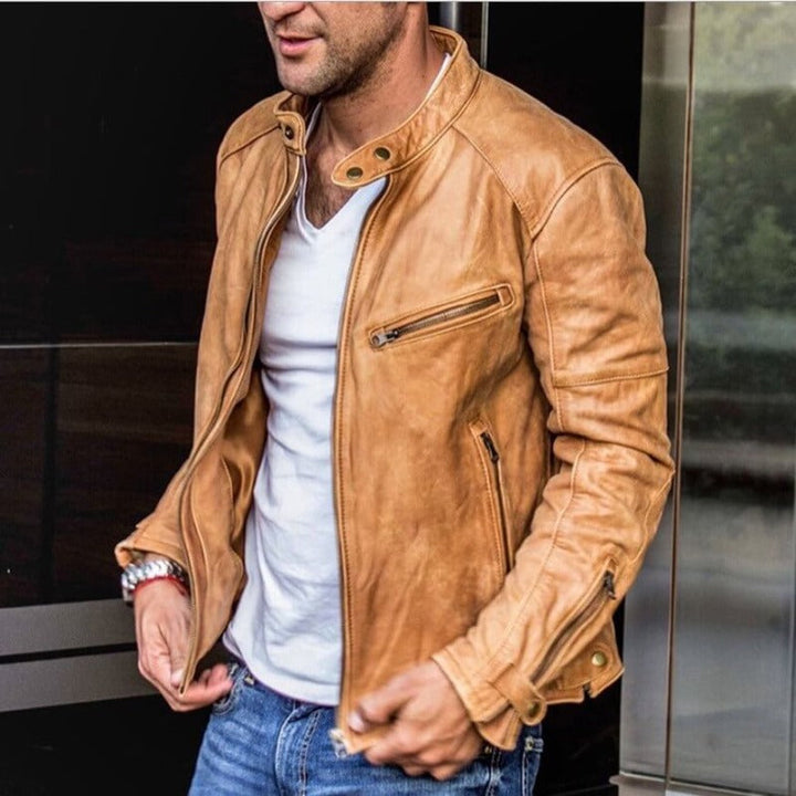 Men's slim fit jacket with a stylish snap collar and practical zip pockets, ideal for modern casual wear.