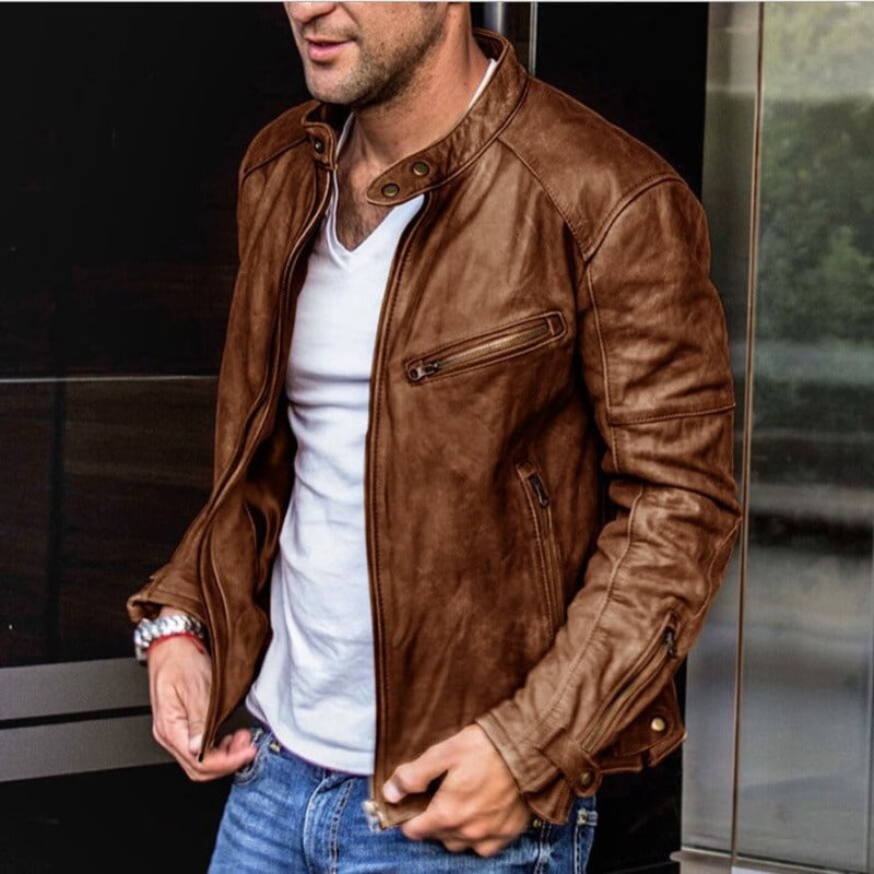 Modern men's slim fit outerwear jacket, perfect for a casual yet stylish look, with snap collar and zip pockets.